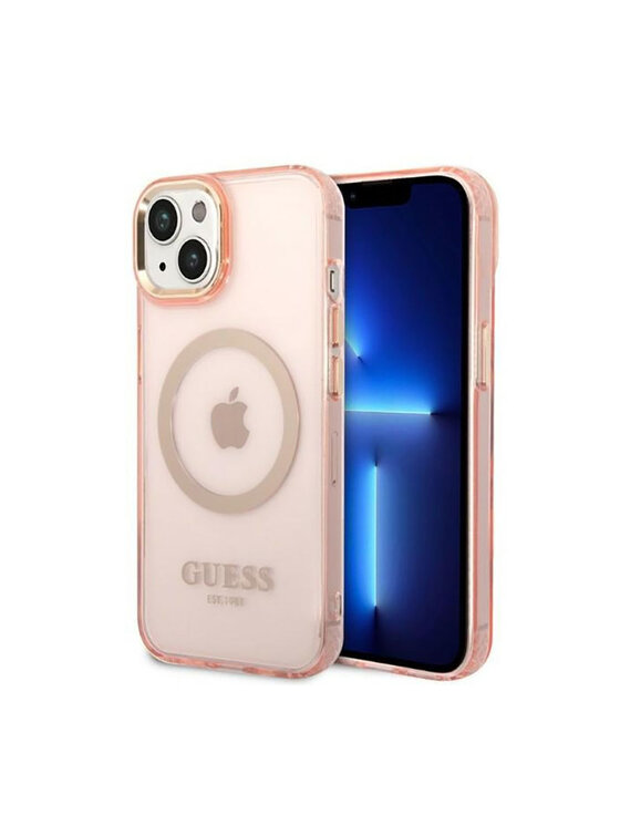 Etui na telefon Guess, Różowe, Gold Outline Translucent MagSafe