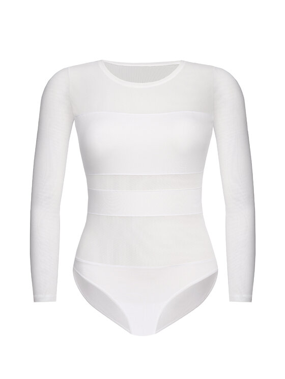 Teyli Teyli Body z wiskozy z siateczką Stripy Biały Regular Fit