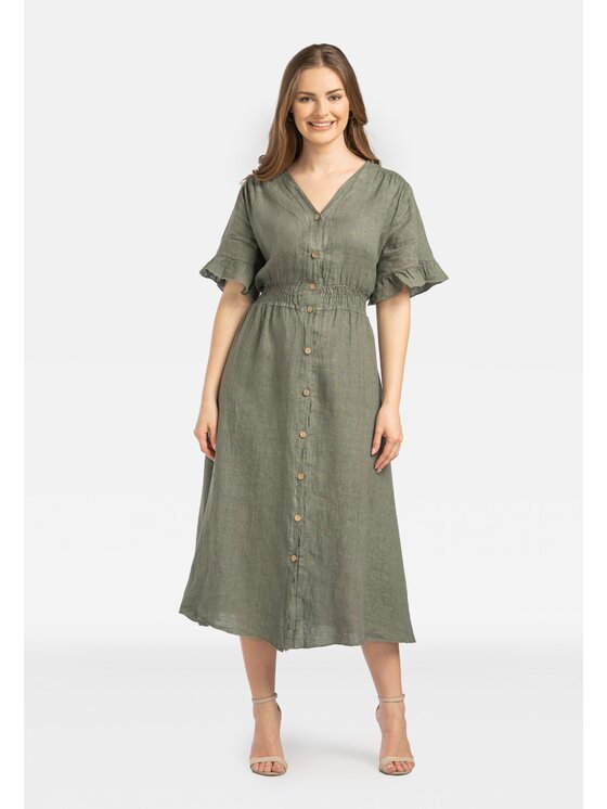 Perso Perso Každodenní šaty lniana z guzikami Khaki Regular Fit