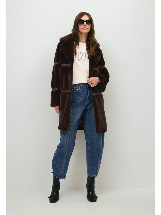 BIZUU BIZUU Futro FLORENCE FAUX FUR LAPEL COAT Brązowy Standard Fit