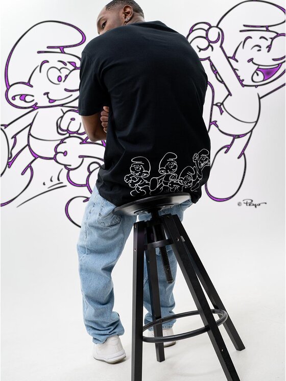 Smerfy Smerfy T-Shirt Koszulka Z Krótkim Rękawem Oversize Męska Czarna Smerfy Smurf Crew XXL Czarny Oversize