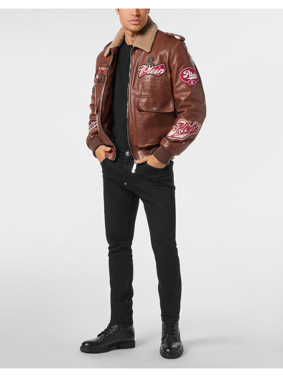 PHILIPP PLEIN PHILIPP PLEIN Kurtka skórzana 26043 Brązowy Regular Fit