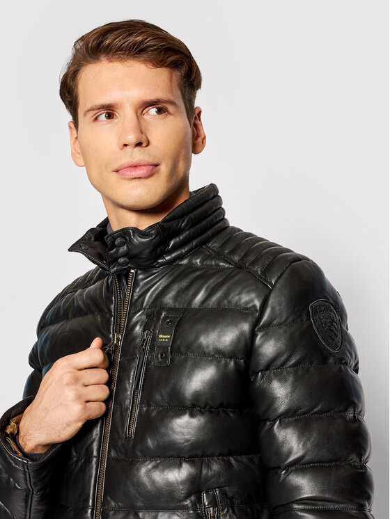 blauer giubbino nero pelle