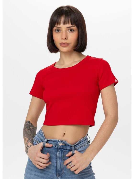 PITBULL PITBULL T-Shirt Koszulka damska Rib CROPPED M Czerwony Regular Fit