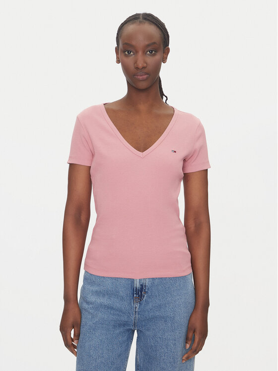 Tommy Jeans T-shirt Essential DW0DW17385 Rosa Slim Fit, taglia : XXS