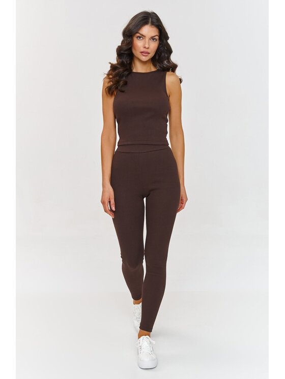 Makadamia Makadamia Komplet bluza, bluzka i legginsy A8 Brązowy Loose Fit
