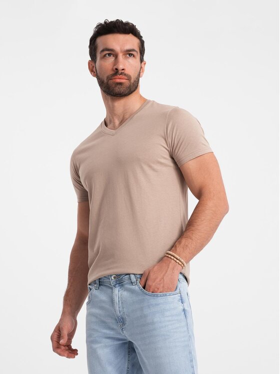 Ombre Ombre T-Shirt OM-TSBS-0145 Brązowy jasny Regular Fit