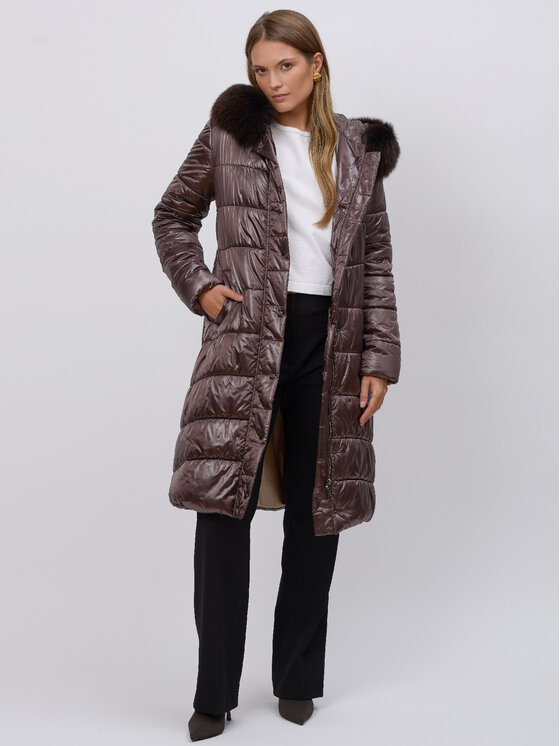 FAN LEATHER Fan Leather Kurtka puchowa Puchowa z Kapturem Brązowy Waisted Fit