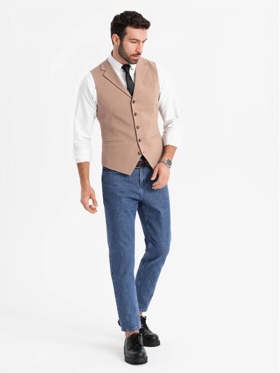 Ombre Ombre Kamizelka garniturowa OM-BLZV-0145 Brązowy Slim Fit