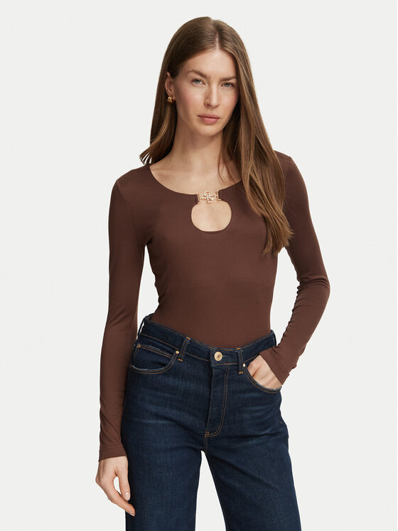 Guess Guess Bluză W6BP27 K6288 Maro Slim Fit