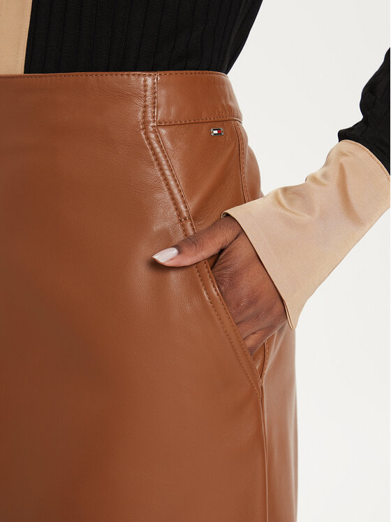 Tommy Hilfiger Tommy Hilfiger Kožená sukně WW0WW42186 Hnědá Regular Fit