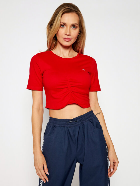 Tommy Jeans Marškinėliai Tjw Crop Ruche DW0DW10131 Raudona Slim Fit •  Modivo.lt