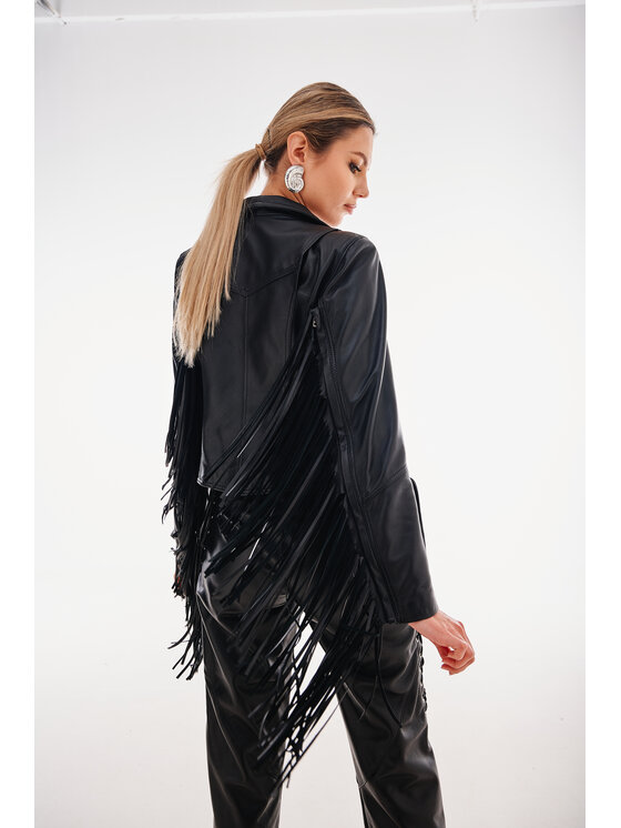 Mimika Mimika Kurtka skórzana Empire Ramoneska basic z odpinanymi frędzlami Czarny Regular Fit