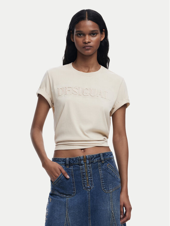 Desigual Tričko Brandy 25SWTK17 Écru Regular Fit