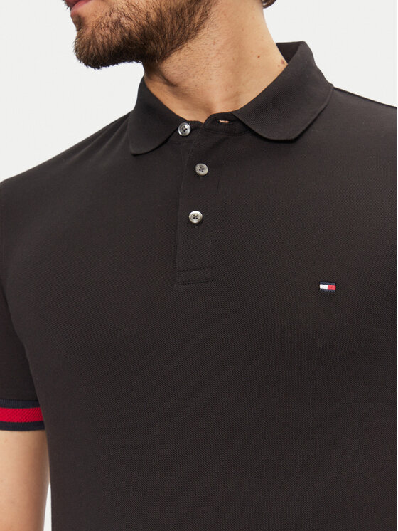 Tommy Hilfiger Tommy Hilfiger Тениска с яка и копчета Flag Cuff MW0MW37518 Черен Slim Fit