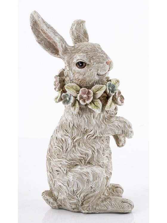 MIAhome MIAhome Figurka królik 18x7x19,5 cm PELUCHE-2 z wieńcem kwiatów na szyi Szary