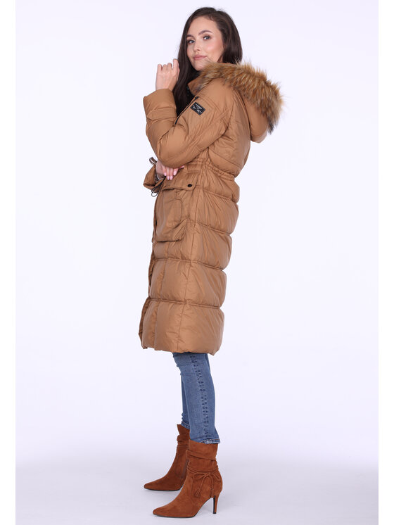 Perso Płaszcz zimowy puchowy z futrem ekologicznym Brązowy Regular