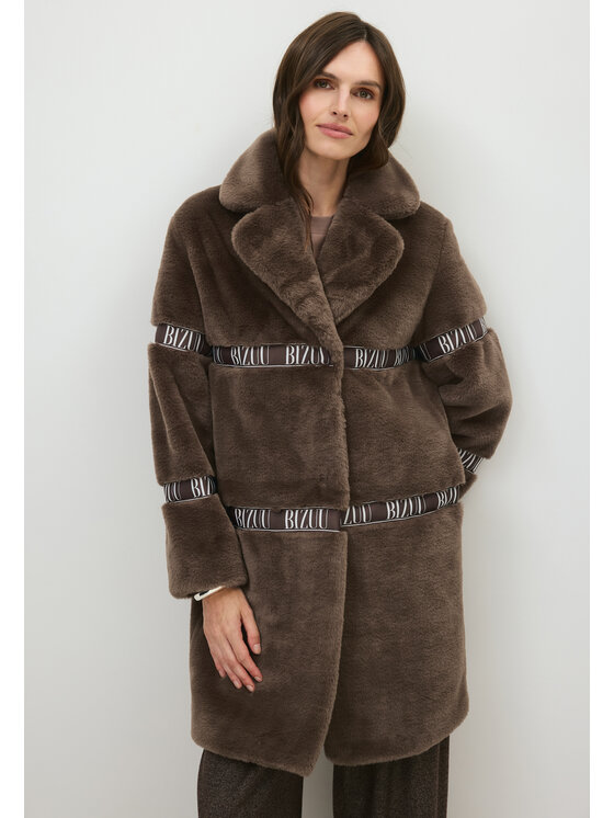 BIZUU BIZUU Futro FLORENCE FAUX FUR LAPEL COAT Brązowy Standard Fit