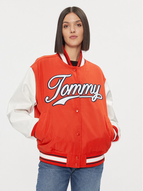 Tommy Jeans Bomber stila jaka Letterman DW0DW17233 Sarkans Relaxed Fit