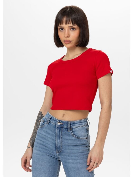 PITBULL PITBULL T-Shirt Koszulka damska Rib CROPPED M Czerwony Regular Fit