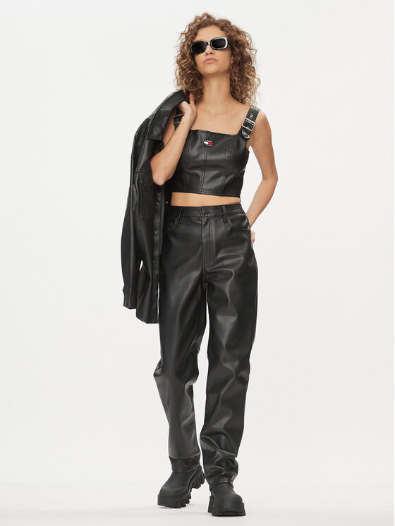Tommy Jeans Tommy Jeans Kalhoty z imitace kůže Julie DW0DW16945 Černá Straight Fit