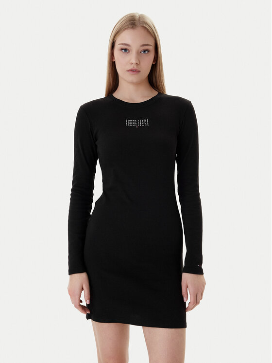 Tommy Jeans Rochie de zi Linear DW0DW21902 Negru Slim Fit