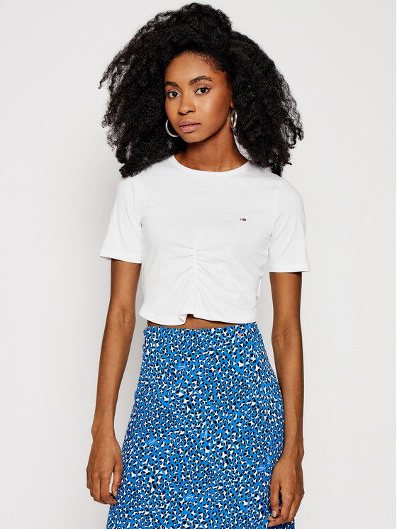 Tommy Jeans Marškinėliai Crop Ruche DW0DW10131 Balta Regular Fit • Modivo.lt