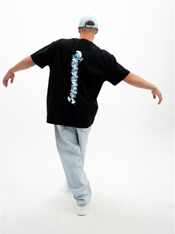 Smerfy Smerfy T-Shirt Koszulka Z Krótkim Rękawem Oversize Męska Czarna Smerfy Pickaback XXL Czarny Oversize