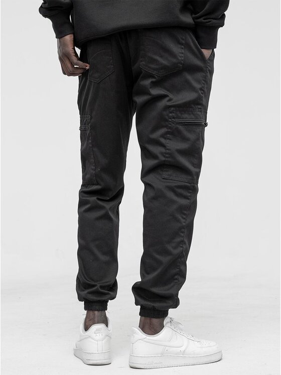 Jigga Wear Jigga Wear Spodnie materiałowe Spodnie Materiałowe Jogger Bojówki Męskie Czarne / Czerwone Jigga Wear Stripe Zip Cargo XL/2XL LONG Czarny Regular Fit