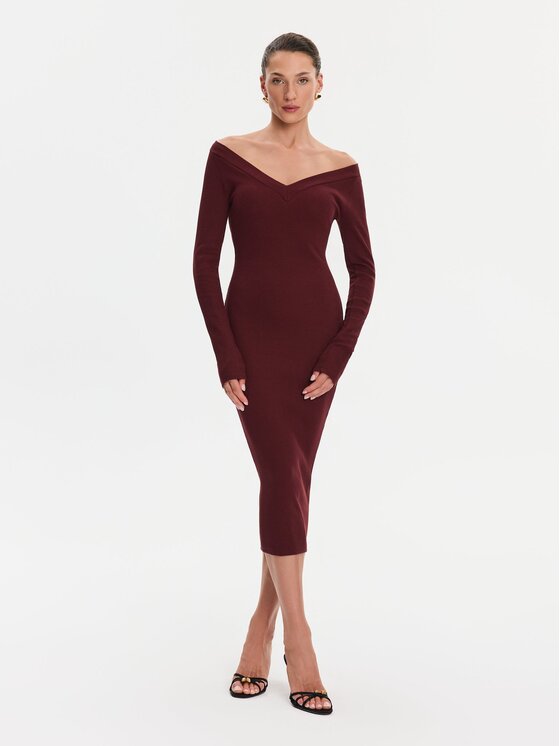 Nudyess Nudyess Sukienka codzienna Tiffany z prążka Bordowy Slim Fit