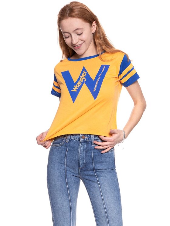 Wrangler Wrangler T-Shirt B&Y W CROP TEE Żółty Regular Fit