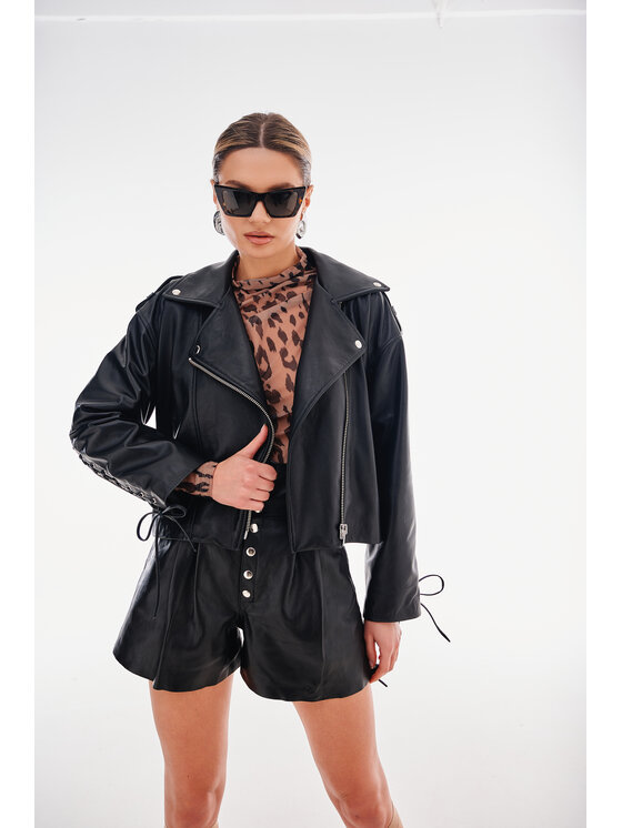 Mimika Mimika Kurtka skórzana Kurtka skórzana oversize z wiązaniami ELLA Czarny Oversize