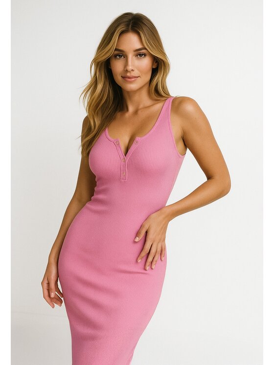 Nudyess Nudyess Sukienka letnia Louisiana midi z prążka Różowy Fitted Fit