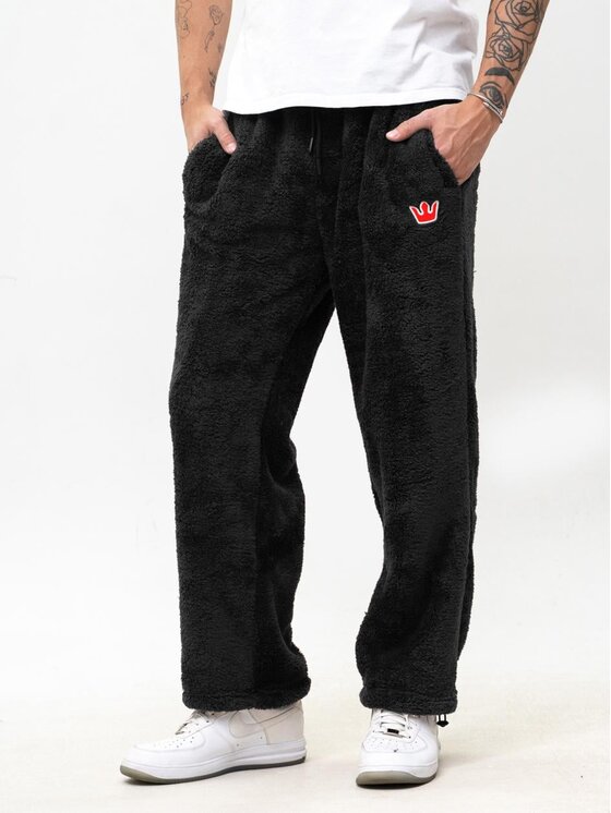 Jigga Wear Jigga Wear Spodnie dresowe Szerokie luźne polarowe futerko sherpa 130600 Czarny Baggy Fit