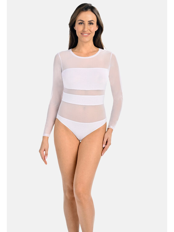 Teyli Teyli Body z wiskozy z siateczką Stripy Biały Regular Fit