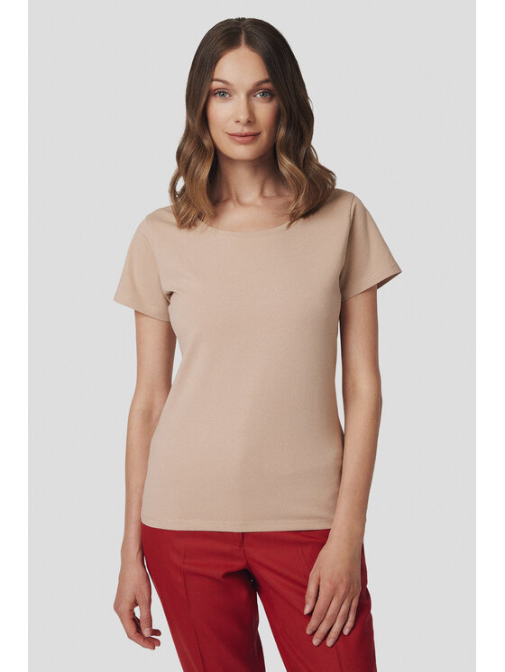 Lancerto Lancerto T-Shirt Koszulka Damska z Bawełną Beżowa Savina TS073225000013 Beżowy Slim Fit