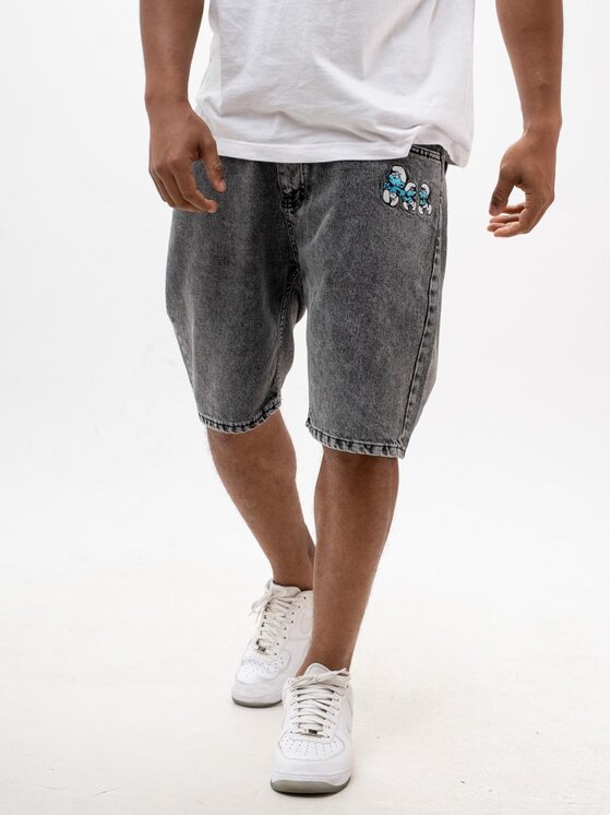 Smerfy Smerfy Szorty jeansowe Krótkie Spodenki Acid Sprane Gargamel Pocket XXL Szary Baggy Fit