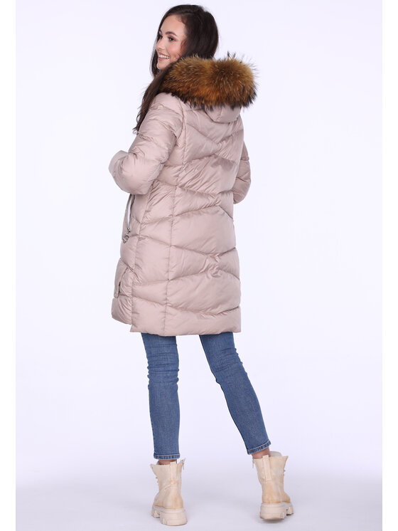 Perso Perso Kurtka zimowa LEKKO TALIOWANA Z FUTRM JENOTA Beżowy Slim Fit