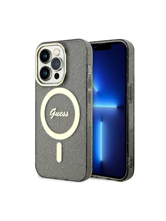 Guess Guess Etui na telefon Glitter Gold MagSafe Czarny