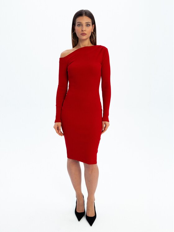 Nudyess Nudyess Sukienka dzianinowa Glam Mimi z prążka Czerwony Fitted Fit