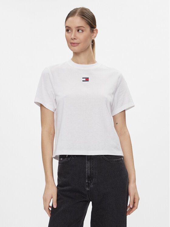 Tommy Jeans T-shirt Badge DW0DW17391 Bianco Boxy Fit, taglia : L