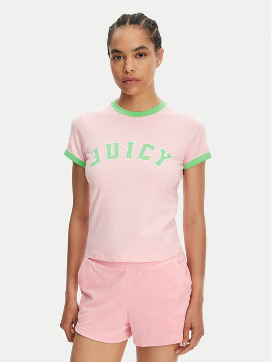 Juicy Couture Juicy Couture Majica Collegiate Ringer JCWCT125320 Roza Slim Fit