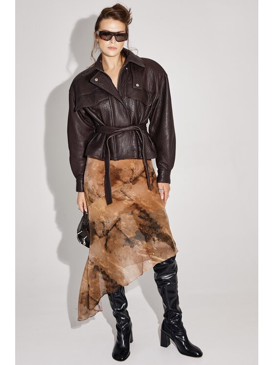 Mimika Mimika Kurtka skórzana Boss Jacket z brązowej, teksturowanej skóry Brązowy Oversize