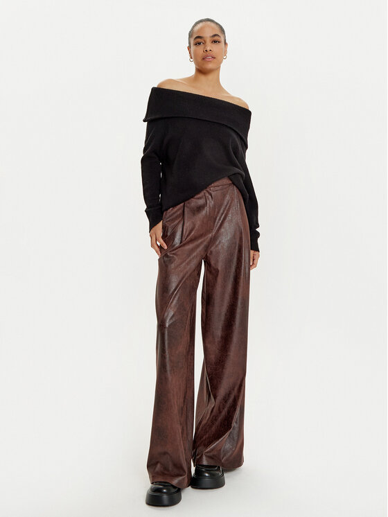 Haveone Haveone Pantaloni din imitație de piele PVI-M062 Maro Wide Leg