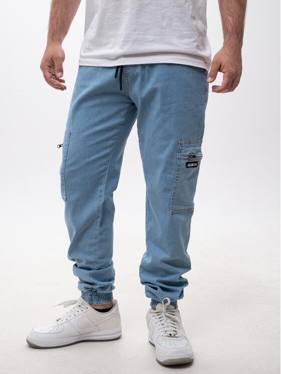 Jeansy, rozmiar M, Niebieskie, Spodnie Jeansowe Jogger Bojówki Męskie Jasne Niebieskiee Jigga Wear Stripe Zip Cargo L