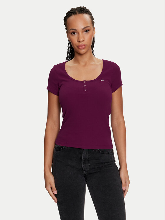 Tommy Jeans T-shirt Henley DW0DW18669 Viola Slim Fit, taglia : XXS