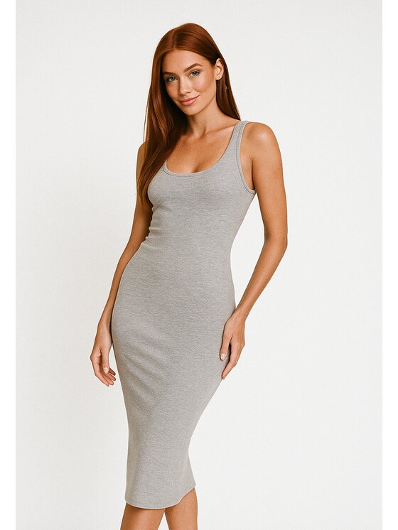 Nudyess Nudyess Sukienka letnia Tina midi z prążka Szary Fitted Fit