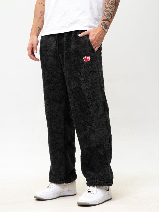 Jigga Wear Jigga Wear Spodnie dresowe Szerokie luźne polarowe futerko sherpa 130600 Czarny Baggy Fit