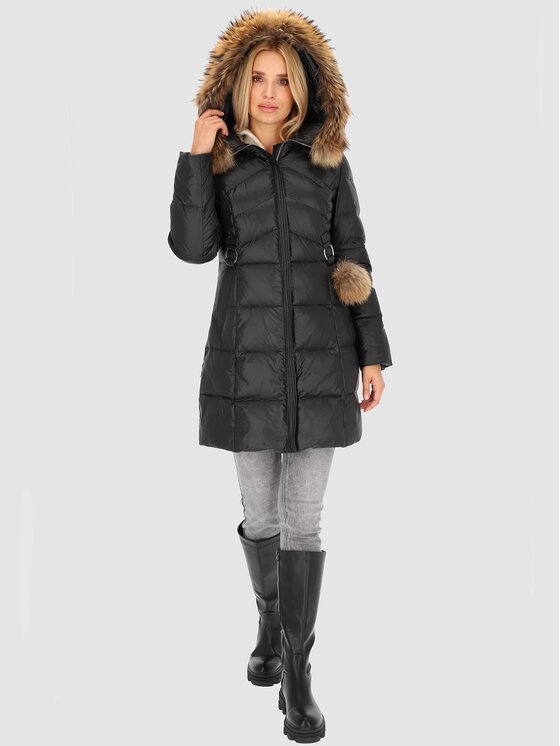 Perso Perso Kurtka puchowa z naturalnym futrem Czarny Slim Fit