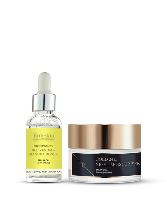 Serum Erthskin London, Jad pszczeli + Olejek z miodu manuka + PRZECIWZMARSZCZKOWY KREM NAWILŻAJĄCY na noc